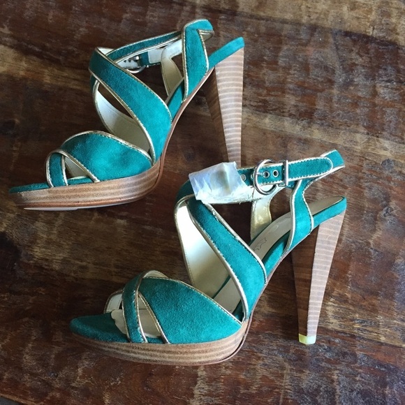 Aldo Teal Suede Wood Stacked Heel Sandals - Picture 1 of 3